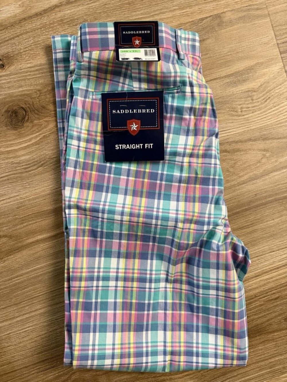 NWT Saddlebred Men Plaid Golf Derby Pants Pink Teal Yellow Casual Trousers 34x32